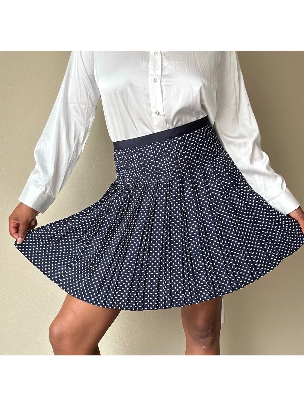 J. Crew Navy and White Polka Dot Pleated Skirt Size 4
